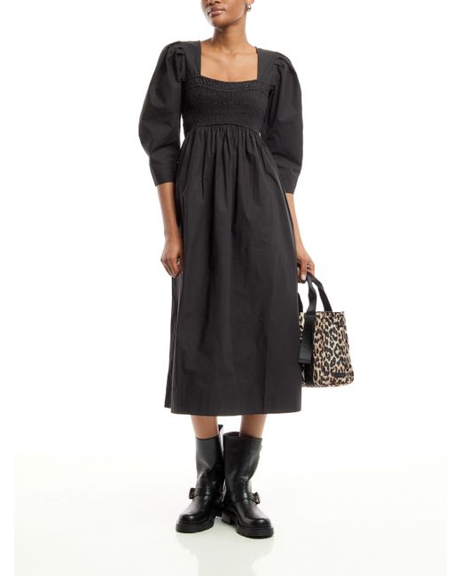 Ganni Black Women's Cotton Poplin Open-neck Smock Long Dress
