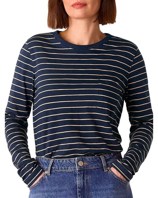 Whistles Blue Stripe Crew Neck Pocket Top, Wood/Metal