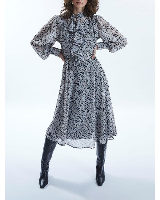 James Lakeland Gray Printed Front Ruffle Midi Dress, Chiffon/Polyester