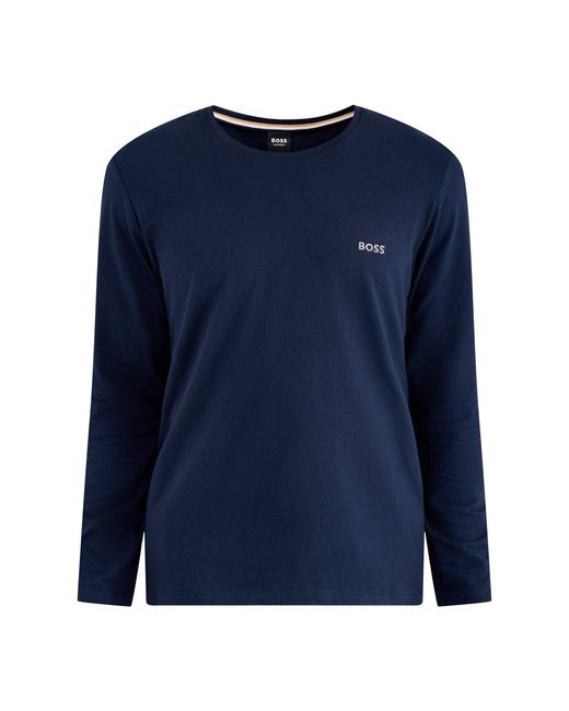 Boss Blue Embroidered Logo Long Sleeve Stretch T Shirt for men