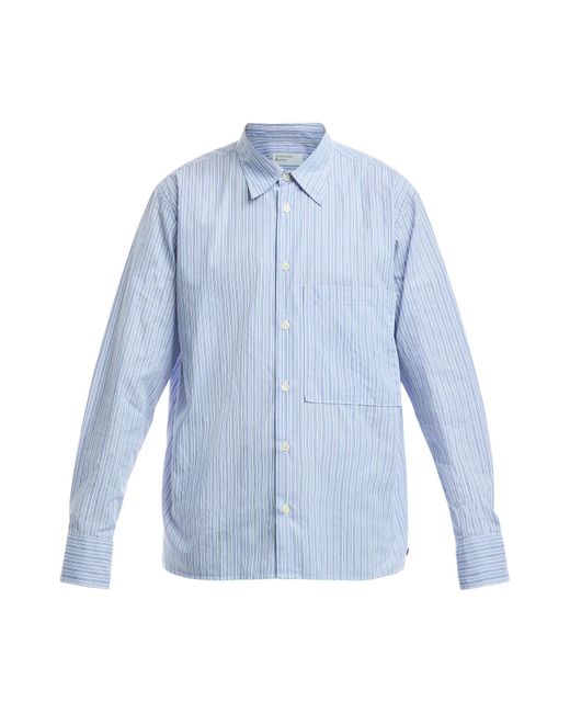 Universal Works Blue Men's Square Pocket Fine Stripe Shirt for men