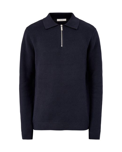 SELECTED Blue Knit Half Zip Polo for men