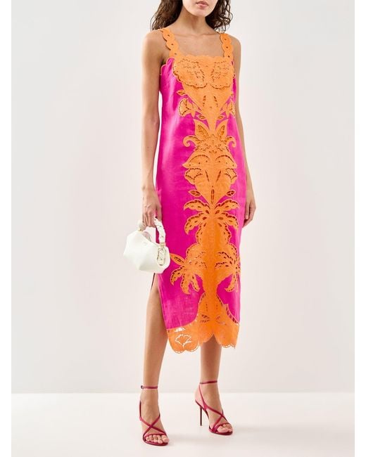 Farm Rio Pink Cutwork Sleeveless Midi Dress