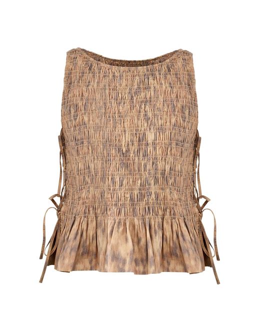 Ganni Brown Printed Stretch Smocked Tie String Top