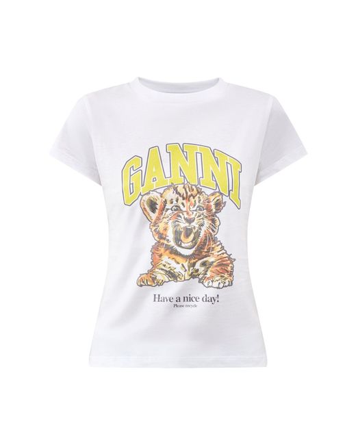 Ganni White Basic Jersey Baby Fit Tiger Graphic T-Shirt