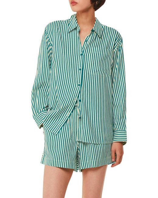 Whistles Green Women's Stripe Linen Blend Shirt