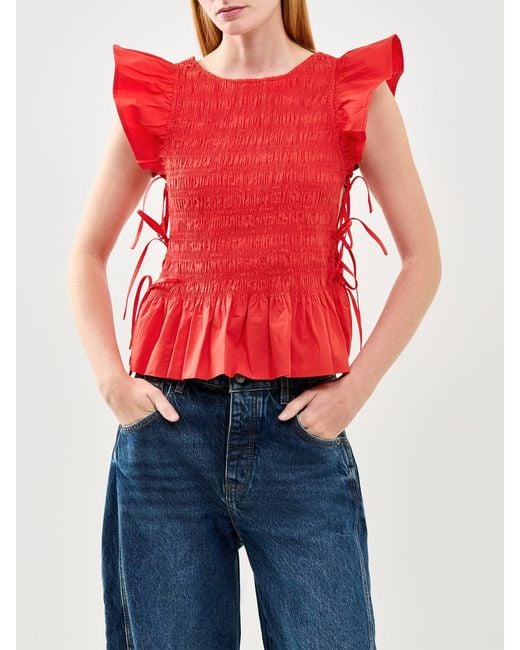 Ganni Red Angel Sleeve Smocked Top