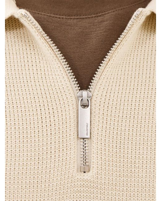 SELECTED Blue Structured Half Zip Polo Cream for men