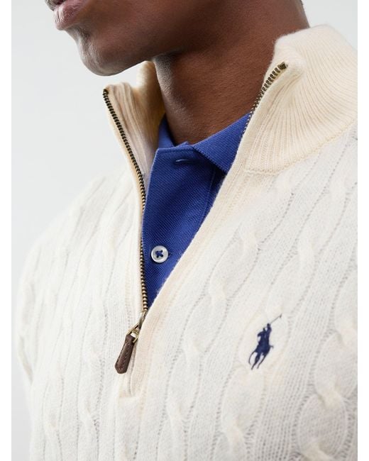 Polo Ralph Lauren White Wool & Cashmere Blend Cable Knit Quarter-Zip Jumper for men