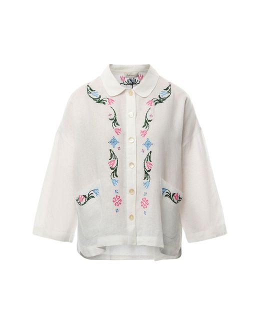 Sahara Blue Cross Stitch Allover Embroidery Shirt, Linen