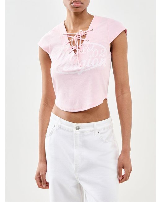 True Religion Pink Lace Up Cap Sleeve Rib Top