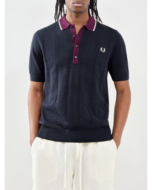 Fred Perry Blue Cable Knit Polo Shirt for men