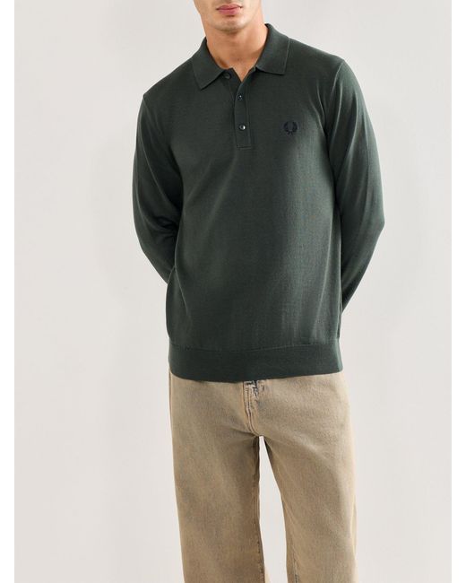 Fred Perry Green Classic Knitted Long Sleeve Polo Shirt for men