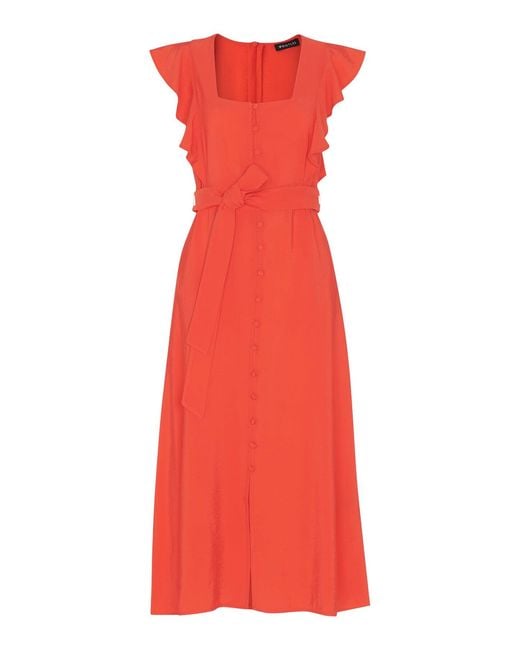 Whistles Red Sophie Frill-Sleeve Button-Down Woven Midi Dress