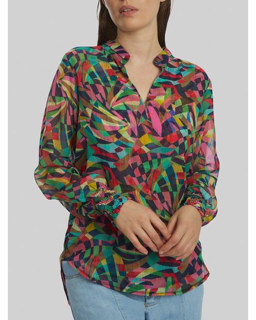 James Lakeland White Abstract Print Mandarin Collar Blouse, Polyester