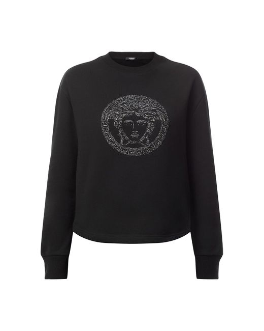 Versace Black Women's Sweatshirt Medusa With Crystal And Lurex Embroidery Yd Cotton Fleece