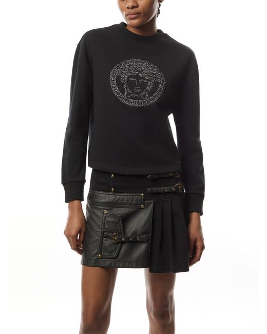 Versace Black Women's Sweatshirt Medusa With Crystal And Lurex Embroidery Yd Cotton Fleece