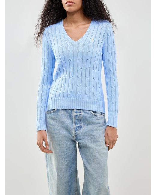 Polo Ralph Lauren Blue Cable Knit V-Neck Jumper