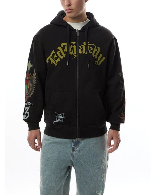 Ed Hardy Black Skull Out Of Hell Zip Thru Hoodie for men