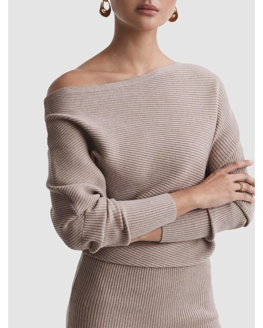 Reiss Gray Lara Off-The-Shoulder Ribbed Midi Dress