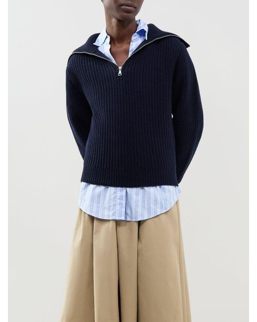 Weekend by Maxmara Blue Virgin Laser Zip-Neck Sweater