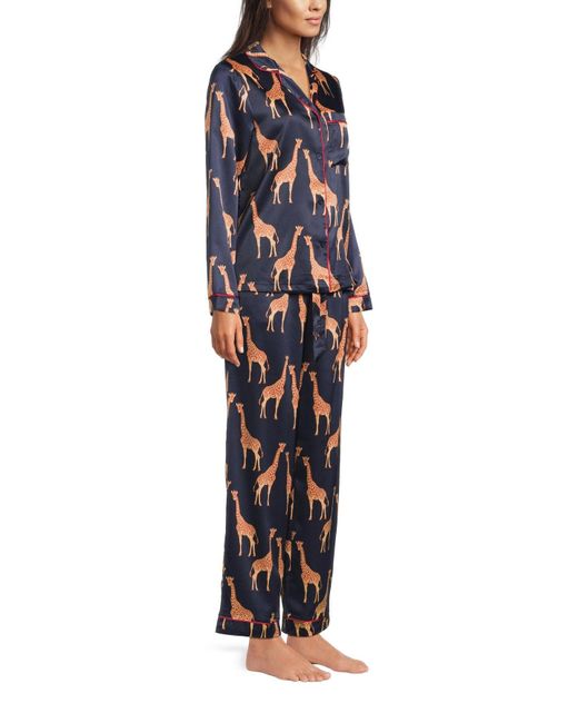 Chelsea Peers Blue Giraffe Print Satin Button Up Long Set