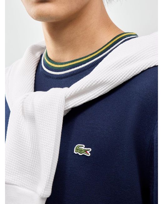 Lacoste Blue Tipped Crew Neck Knit Sweatshirt for men