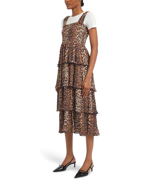 Ganni Brown Women's Leopard Pleated Georgette Flounce Smock Midi Dress