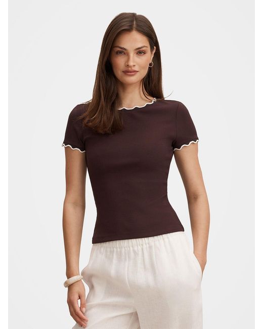 Forever New Brown Rebecca Scallop Trim T-Shirt