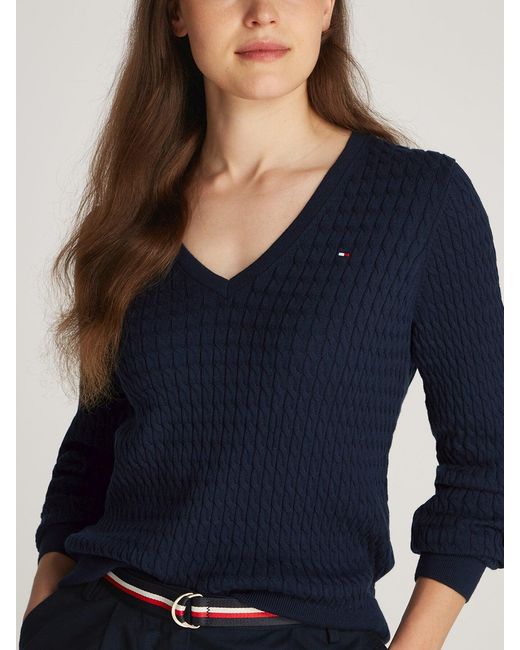 Tommy Hilfiger Blue Cable V-Neck Sweater