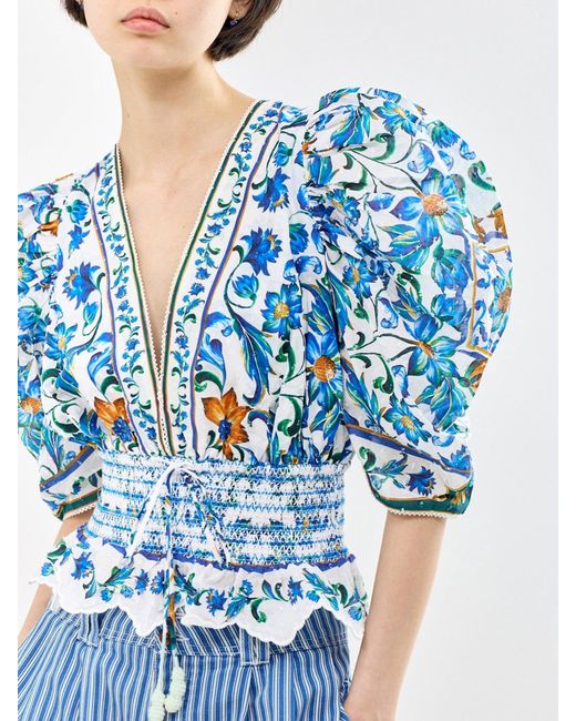 Farm Rio Blue Flora Tile Blouse