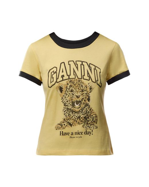 Ganni Yellow Basic Jersey Leopard T-Shirt