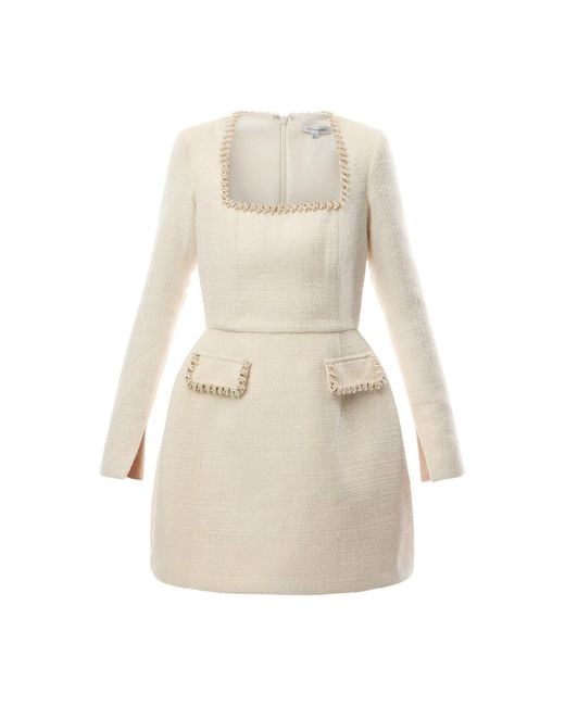 Nadine Merabi White Natalie Boucle Long Sleeve Pearl Trim Dress