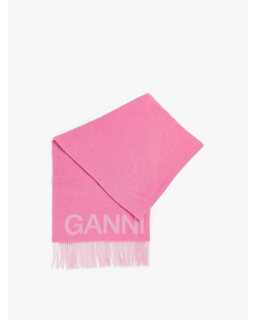 Ganni Pink Wool Mix Fringed Logo Scarf
