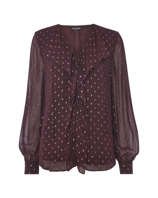 Whistles Purple Metallic Dobby Frill Blouse, Chiffon