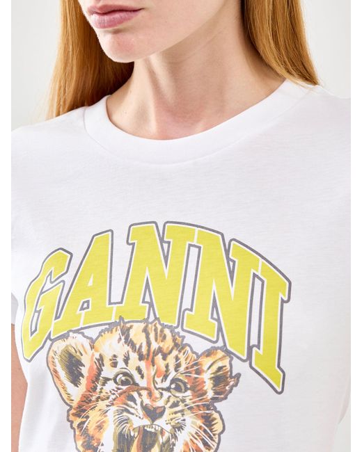 Ganni White Basic Jersey Baby Fit Tiger Graphic T-Shirt