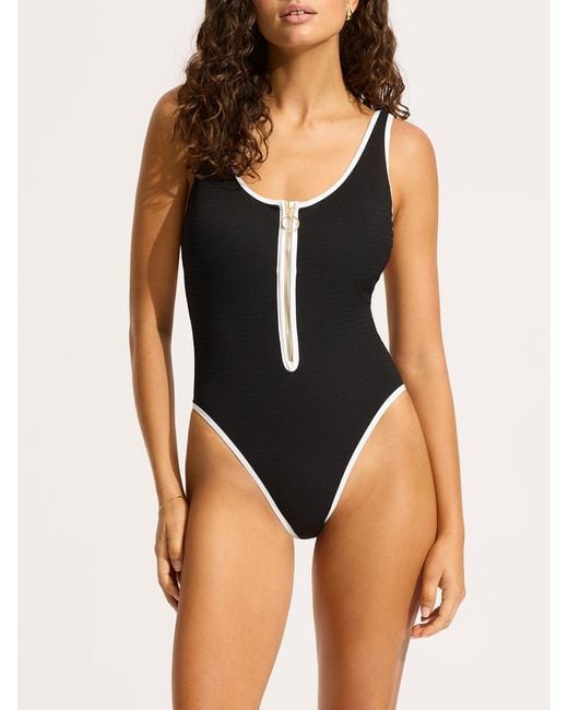 Seafolly Blue Beach Bound Zip Front Retro One Piece
