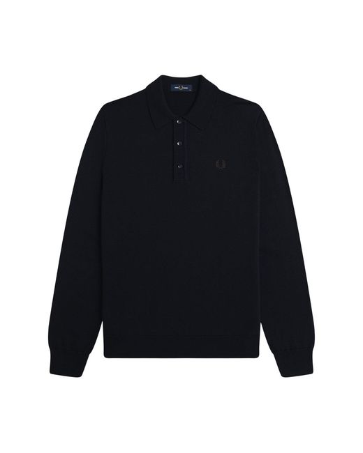 Fred Perry Blue Classic Knitted Long Sleeve Polo Shirt for men