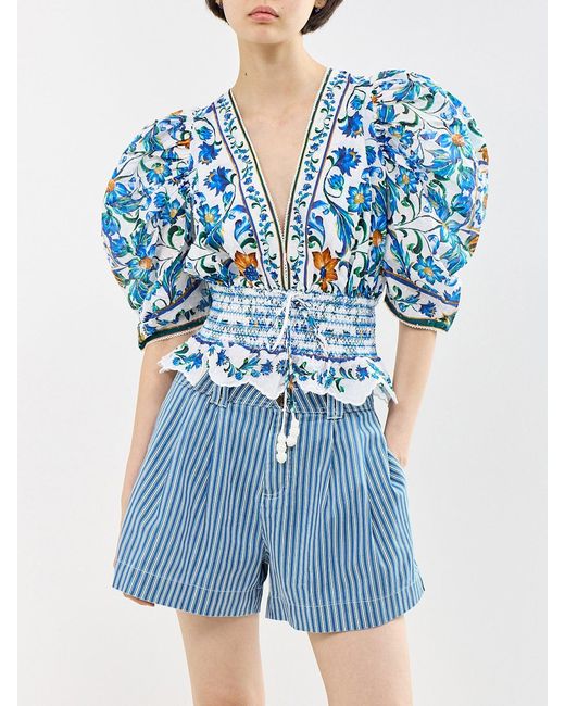 Farm Rio Blue Flora Tile Blouse