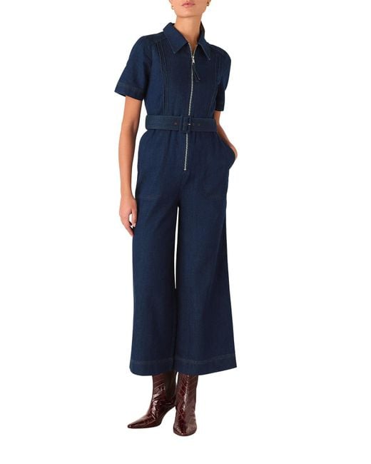 Whistles Blue Pintuck Belted Jumpsuit