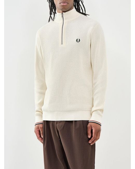 Fred Perry White Waffle Stitch Half Zip Jumper Cream for men