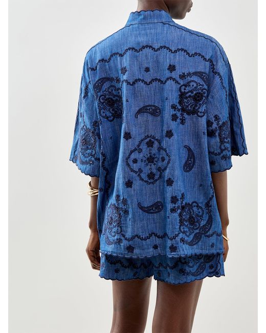 Zimmermann Blue Aster Embroidered Short Sleeve Shirt