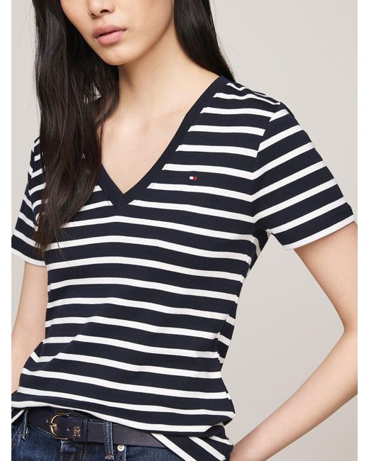 Tommy Hilfiger Black V-Neck Slim T-Shirt Stripe