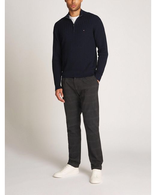 Tommy Hilfiger Blue Herringbone Zip Mock Neck Sweater for men