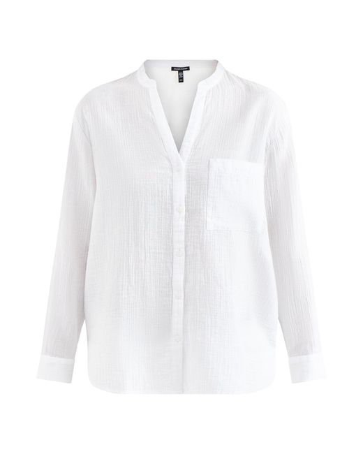Eileen Fisher White Mandarin Collar Cut Away Shirt