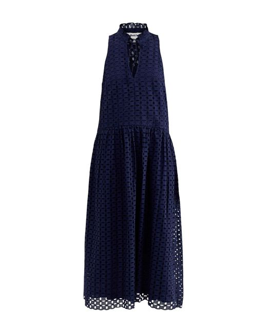 roandzo Blue Broderie V-Neck Midi Dress