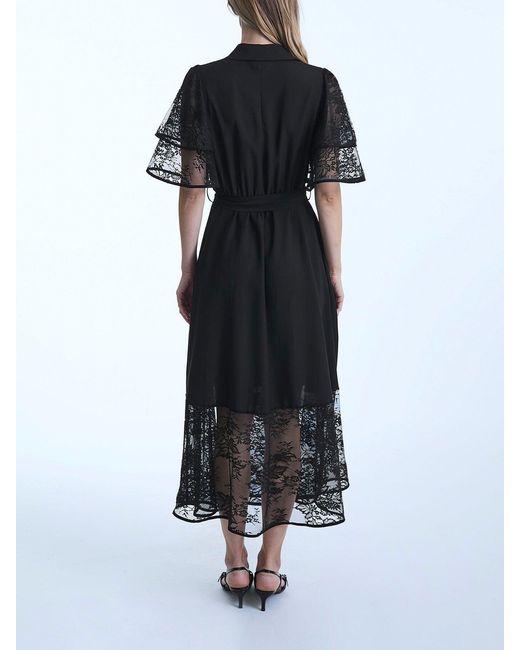 James Lakeland Black Lace Detail Front Ruffle Midi Dress