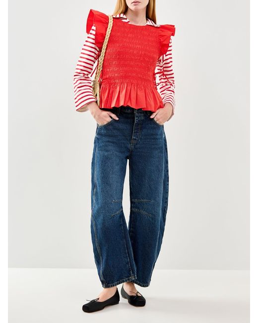 Ganni Red Angel Sleeve Smocked Top