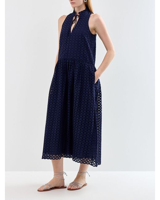 roandzo Blue Broderie V-Neck Midi Dress