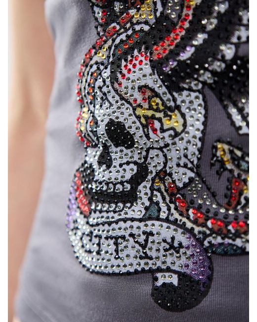 Ed Hardy Gray New York City Diamante Cropped Vest Top